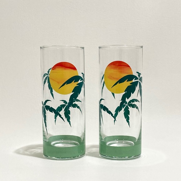 Highball Glassware Sunset & Palm Trees Green Vintage Panache Style, Set 2